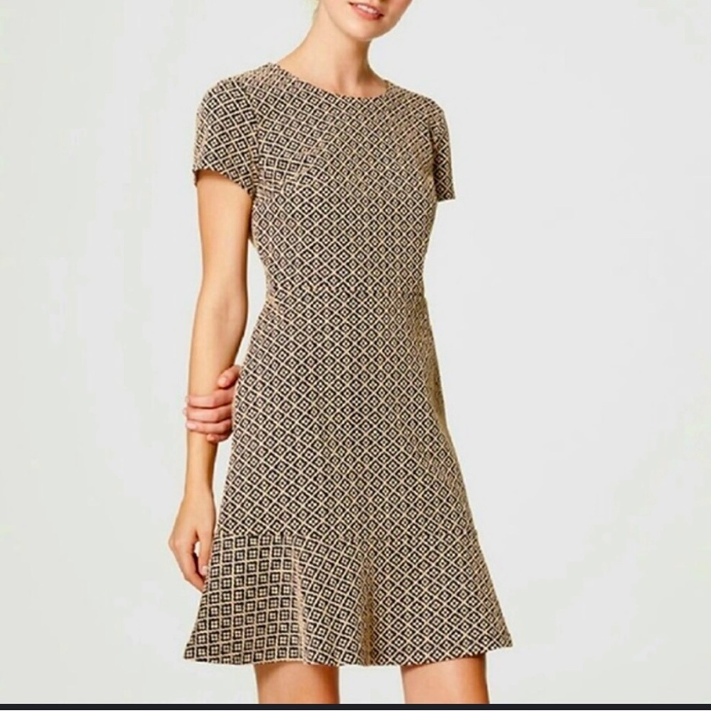 Tan & black pattern flounce hem dress, size 2